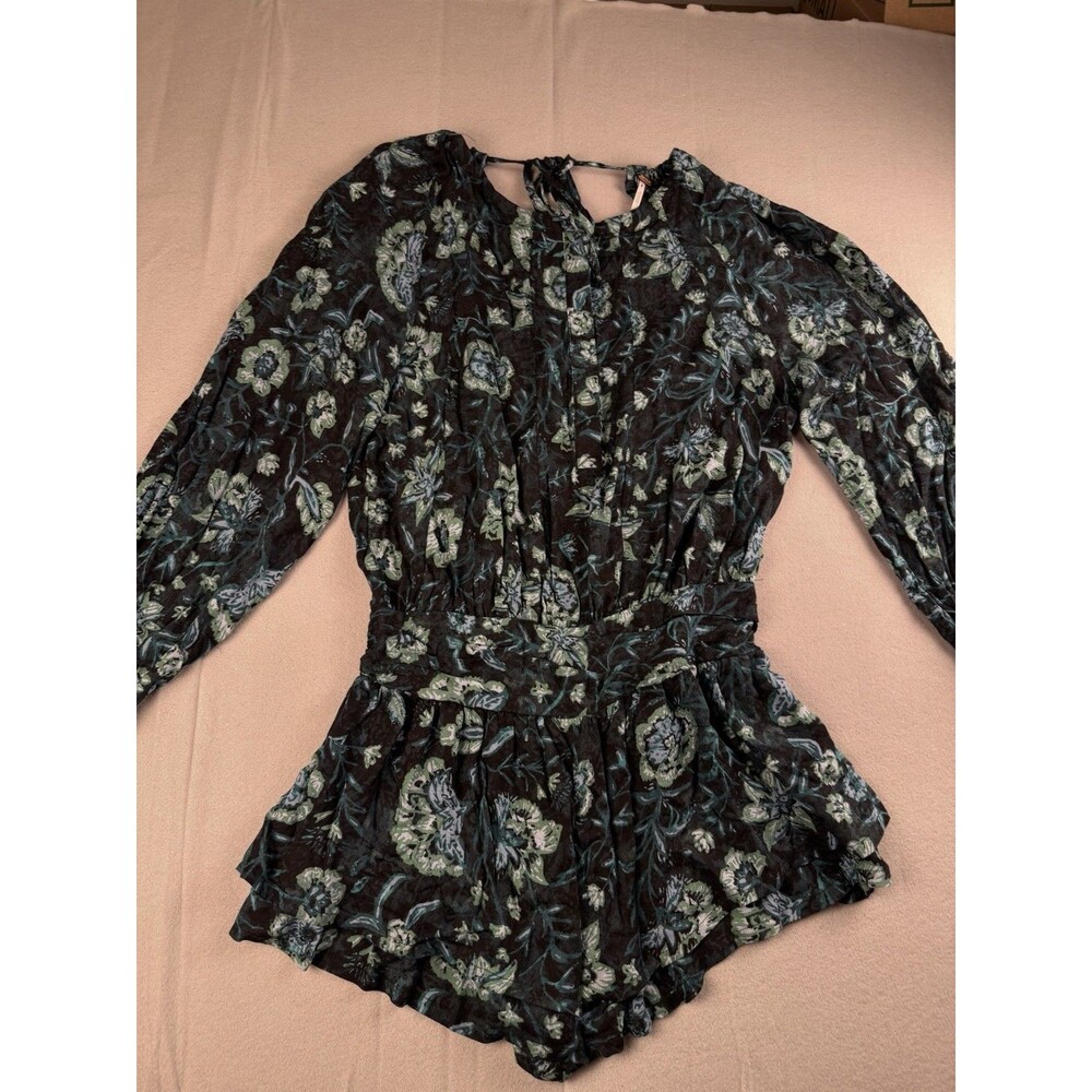 Free People Black Green Blue Floral Viscose Long Sleeve Tie Romper s